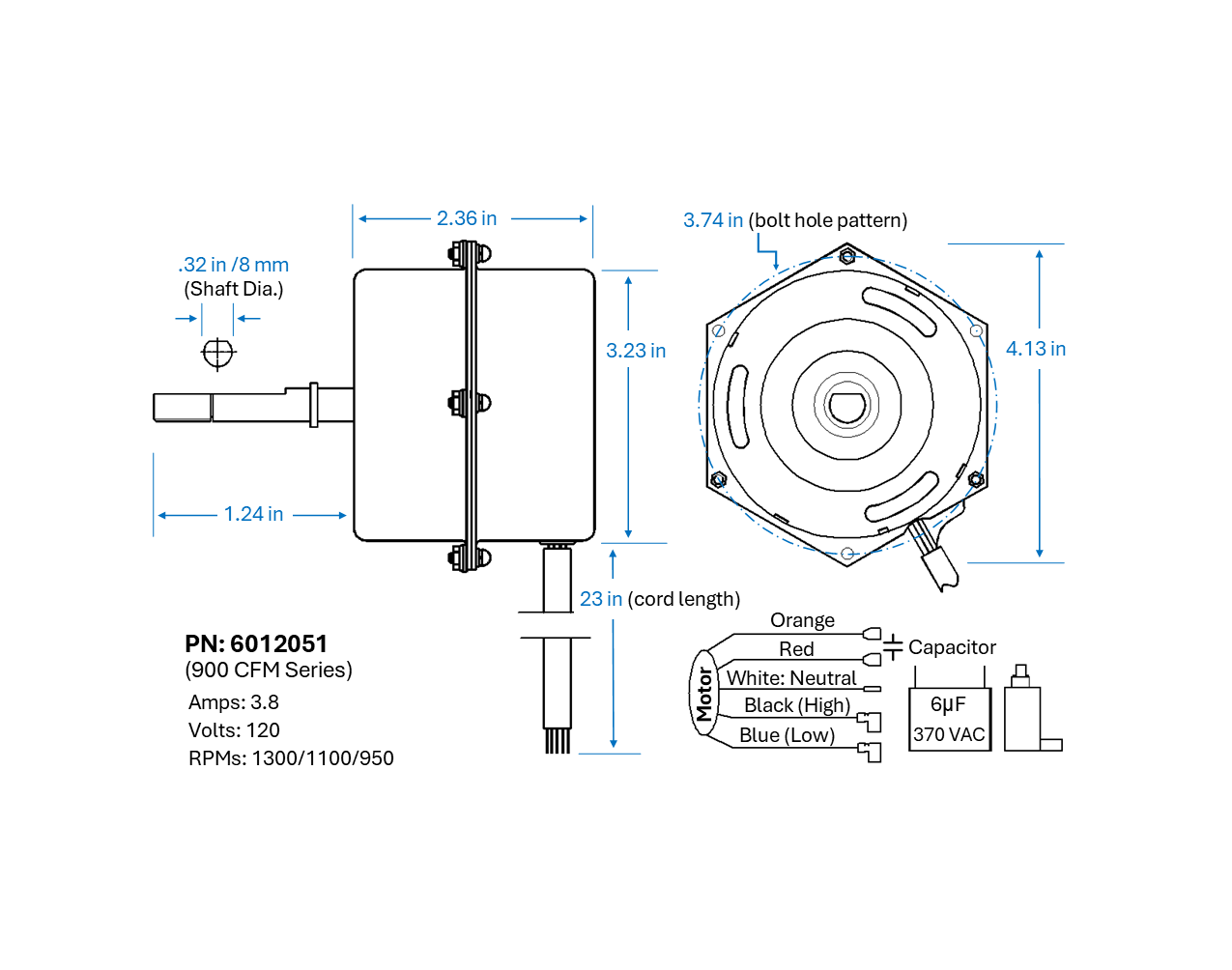 Fan Motor, 900 CFM (MC12V) PN: 6012051