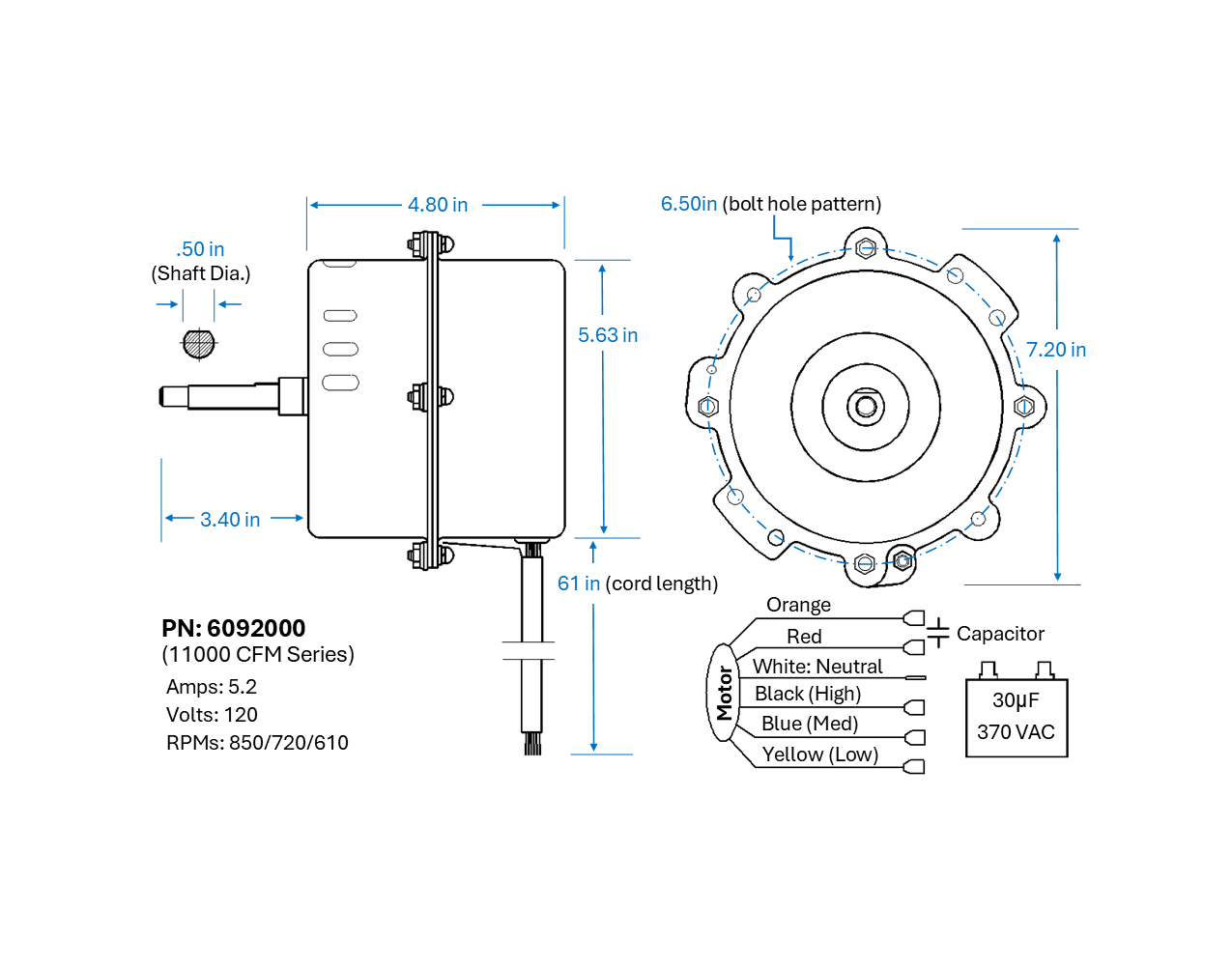 Fan Motor, 11000 CFM (MC91, MC92) [NEW] PN: 6092000