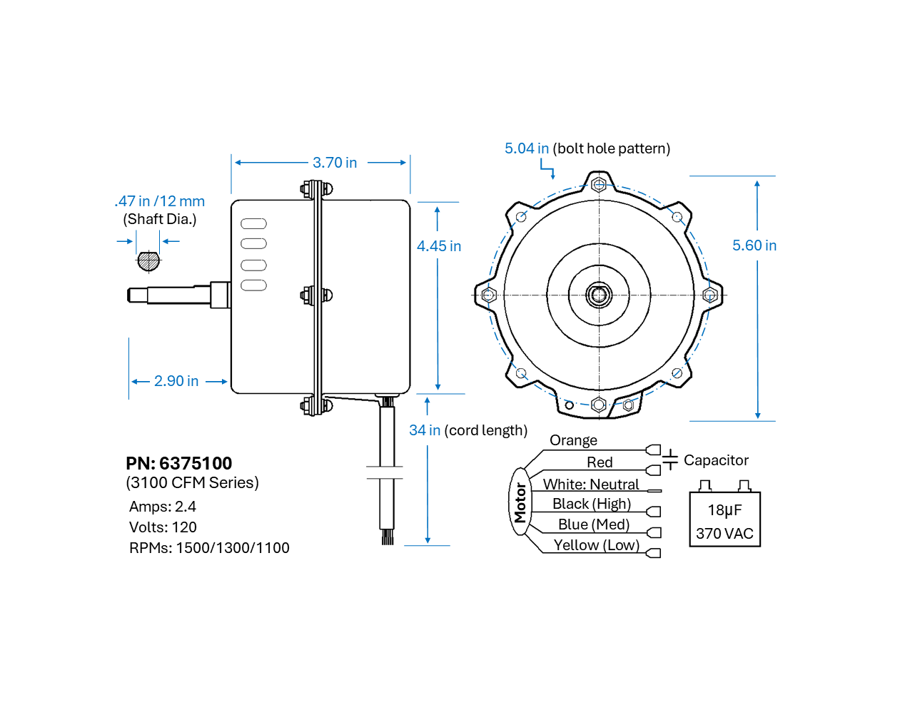 Fan Motor, 3100 CFM (MC37V, M150) PN: 6375100