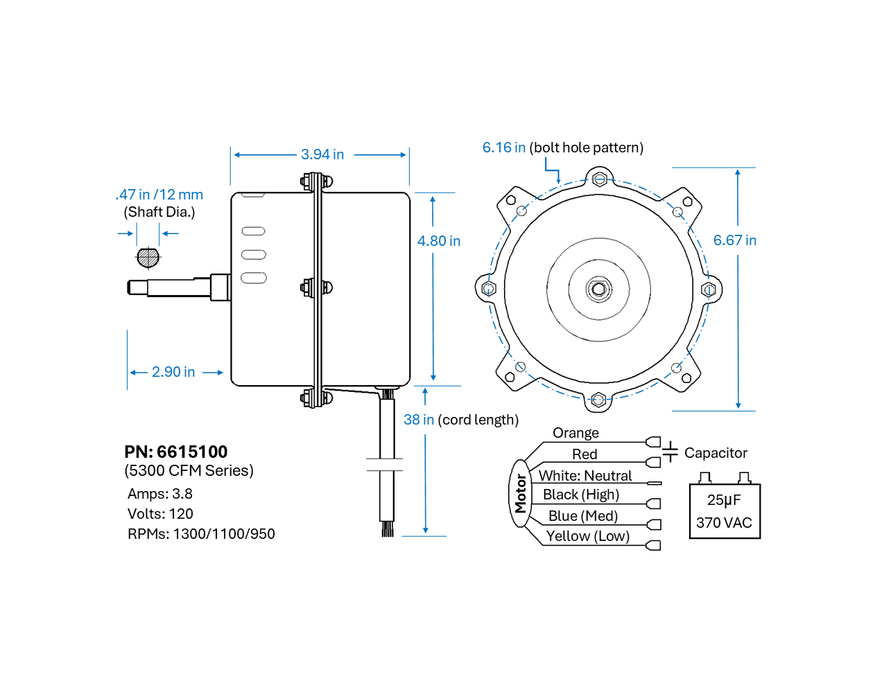 Fan Motor, 53000 CFM (MC61, M250) PN: 6615100